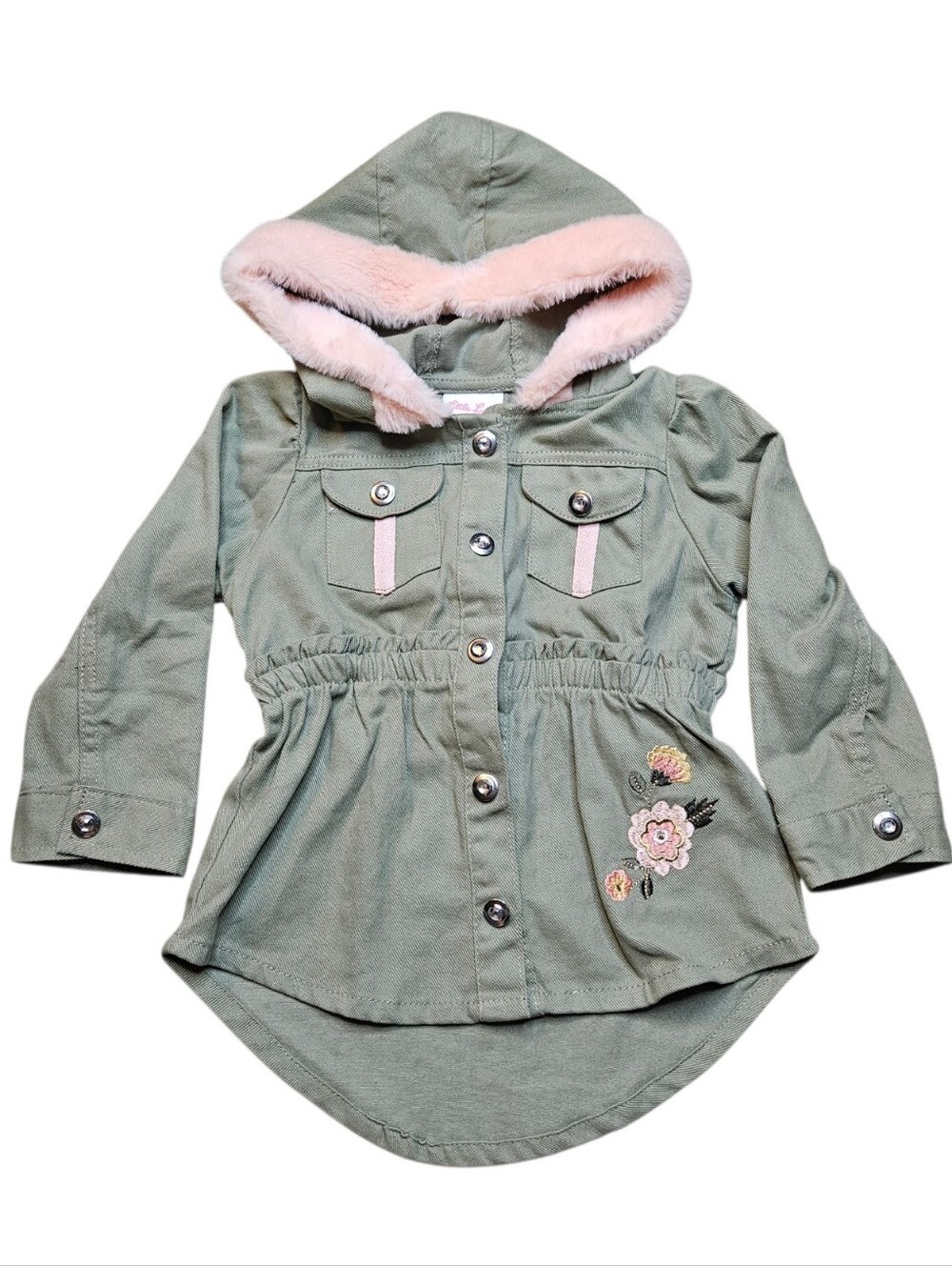 Little Lass 3T Sage Green Floral Faux Fur Hooded Jacket